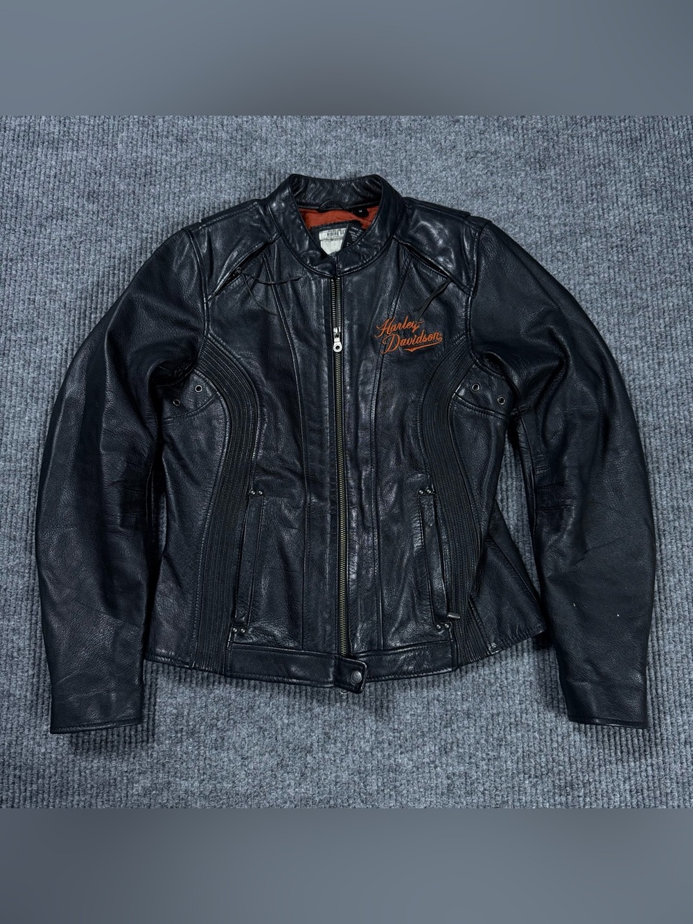 Harley Davidson Women's Medium Black Leather Motorcycle Riding Jacket Back Logo
